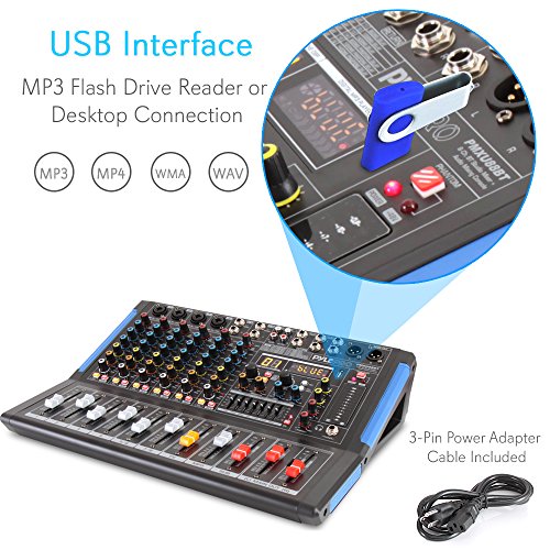 Pyle 8-Channel Console Style Audio Mixer with Bluetooth - DJ Sound Controller, 4 XLR / Combo Inputs, Sub Out, +48V Phantom, USB-A In, 16 DSP Effects, MP3 Player, 7-Band EQ - PMXU88BT
