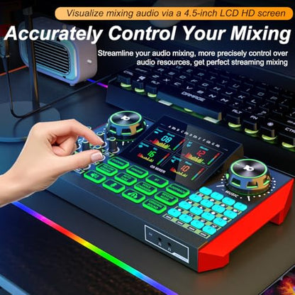 Tenlamp G9 Live Sound Card — Game audio mixer with built-in audio interface, compatible with smartphones and computers. Soundboard designed for live streaming and content creation.