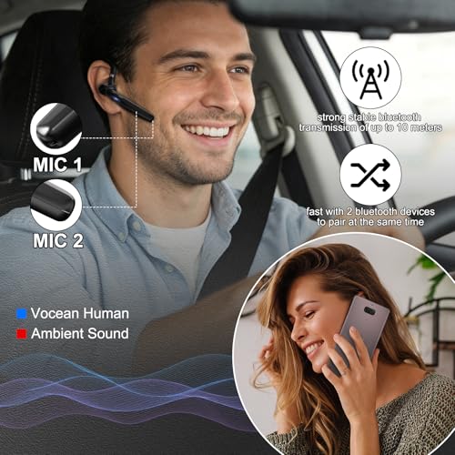 Bluetooth 5.3 Headset, 60Hrs Single Ear Earpiece with Mic | LED Charging Case, Noise Cancelling Mic, Hands-Free Calls for Business, Driving & Meetings