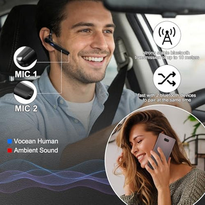 Bluetooth 5.3 Headset, 60Hrs Single Ear Earpiece with Mic | LED Charging Case, Noise Cancelling Mic, Hands-Free Calls for Business, Driving & Meetings