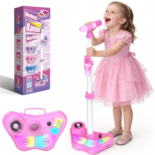 Kids Stand Karaoke Machine Toys for 3 4 5 6 7 8 Year Old Girls Gift, Kid Rechargeable Microphone Toddler Birthday Gift Singing Toy for Girl Ages 3-5 4-6, Portable Bluetooth Speaker with 2 Mics - color: Pink