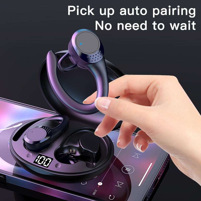 Wireless Earbuds with Earhooks Bluetooth Headphones Ear Buds,IPX6 Waterproof,Painless for Long Term Wearing,Single Battery Life 10H,LED Digital Display Headset with Earhooks for Sport Running Workout
