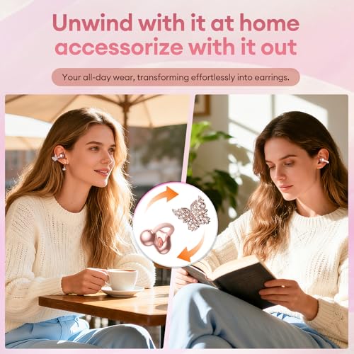 PAXA 3 in 1 Ctbuds Stylish Jewelry-Style Clip on Open Ear Headphones Wireless Earbuds, Instant Earring Mode, Ultra-Long 140H Play, Bluetooth 6.0, All-Day Wear for Work Fitness Daily Use, Rose Gold - color: H-Rose Gold-Gold Butterfly Earring