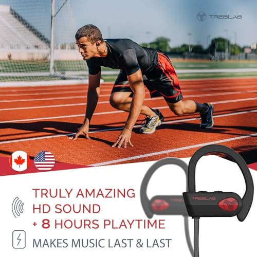 TREBLAB XR500 Bluetooth Running Headphones, IPX7 Waterproof, Noise Cancelling, Secure-Fit, Wireless Sport Earbuds with Mic
