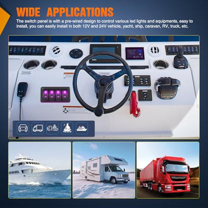 Nilight 4 Gang Rocker Switch Panel w/Purple LED Light 5Pin On Off Pre-Wired | Aluminum Toggle Switches Waterproof for 12V/24V Cars Marine Boats ATVs Trailers RV Trucks - color: Purple, size: 4 Gang