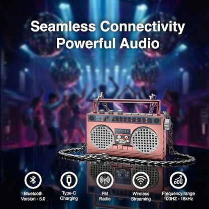 Portable Bluetooth Speakers, Retro Speakers Bluetooth Wireless Wearable | Mini Bluetooth Boombox with 27” Neck Chain, FM Radio, On-Board Buttons, Dual 3W Peak Power Bluetooth Speaker for Anywhere - color: Rose Gold/ Silver