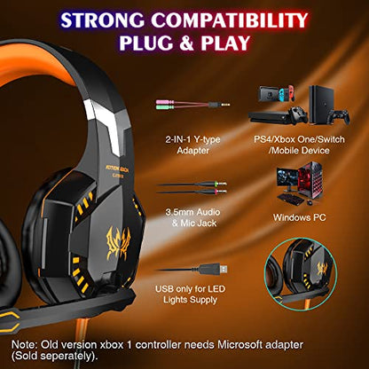 VersionTECH. G2000 Gaming Headset, Bass Surround Gaming Headphones with Noise Cancelling Mic, LED Lights, Soft Memory Earmuffs for PS5/ PS4/ Xbox One Controller/Laptop/PC/Mac/Nintendo NES Games-Yellow - color: Orange