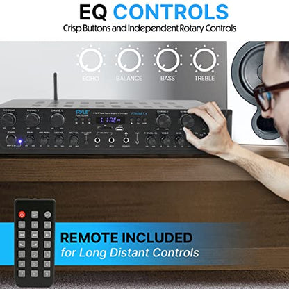 Pyle Bluetooth Home Audio Amplifier - 6 Channel Stereo Receiver Amp, 600 Watt Power, Commercial or Karaoke with Mic Talkover, Headphone Jack, 1/4'' Microphone In, USB SD AUX RCA FM Radio
