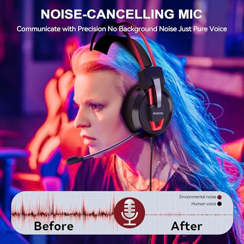 Voistek Wired Gaming Headset with Microphone & Volume Control | Over Ear Computers Headphones with 50mm Drivers for PC, Laptop & Gaming, Compatible with PS4 PS5 - color: Red