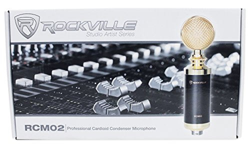Rockville RCM02 Studio Recording Condenser Mic with Metal Shock Mount | Cardioid, 16mm Diaphragm, Aluminum Body, 48V Phantom Power, XLR and 3.5mm Cables Included, Anti-Wind Cap