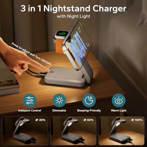 Eazpower 3 in 1 Foldable Wireless Charging Station for MagSafe, Nightstand Magnetic Charger Stand for iPhone 17 16 15 14 Pro Max, Travel Charging Dock with Night Light for Apple Watch/AirPods (Gray) - color: Gray