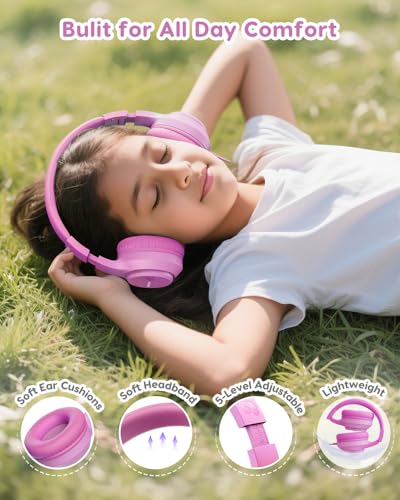 awatrue Kids Headphones for School, 74‑85‑94dB, 3.5mm Jack, HK07 | Foldable Wired Over Ear Headphones, for Toddler School/Travel/iPad/Tablet, Pink - color: Pink