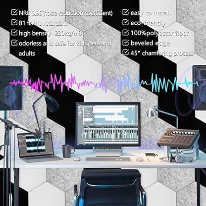 18 Pack Hexagon Acoustic Panels, 12" X 10" X 0.4" High Density Sound Absorbing Panels Soundproof Wall Panels For Home Sound proof Insulation Beveled Edge Studio Treatment Tiles (Gray) - color: gray-hexagon