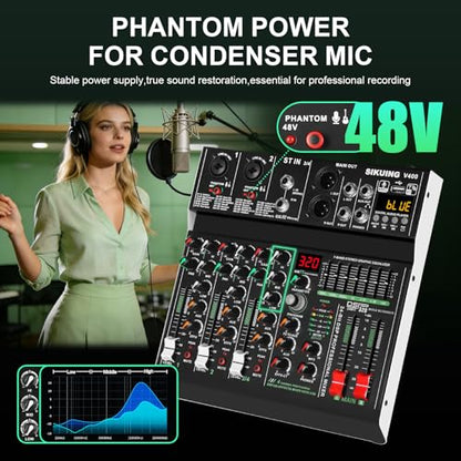 4 channel professional portable mixer, 320 DSP effects + 48V phantom power, Bluetooth sound card + 7-Band Eq Output, for PC recording, karaoke studio effects, and streaming playback