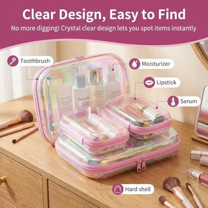 3Pcs Clear Hard Shell Zipper Case, TSA Approved Toiletry Bags with Iridescent Scratch-Proof Surface, Waterproof Cosmetic Bag Makeup Case Travel Organizer Pouches for Diapers, Toys Storage, 2S+1M