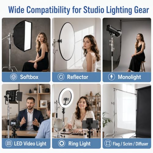 10.8ft Heavy Duty Stainless Steel C Stand with Boom Arm | 4.2ft/128cm arm, 2 grip heads, 20kg center column load for studio lights, softboxes & reflectors - size: 330cm