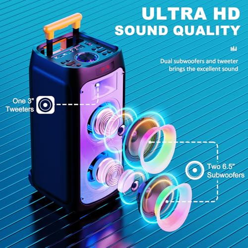 Karaoke Machine with 2 Wireless Microphones, Big Bluetooth Party Speaker with 500W Peak Power for Adults, PA System with Rolling Wheels and Trolley, Perfect for Outdoor, Home Party, Gatherings - color: BLACK