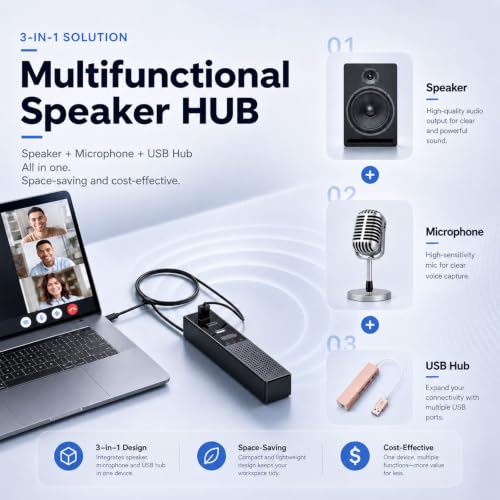 3 in 1 USB Computer Speaker with Microphone, PC Laptop Desktop Conference Speaker with Mic for Smart Home Office and Online Study，360 Degree Enhanced (8) - size: 8