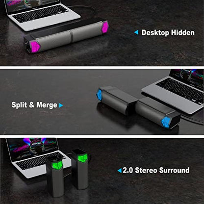 Smalody Gaming Speakers for PC, Computer Speakers for Desktop Monitor with Bluetooth, 2 in 1 Computer Speaker Soundbar, Can Be Split and Combined Freely | Versatile 2-in-1 gaming PC speaker that splits into dual towers or combines into a soundbar. Feature