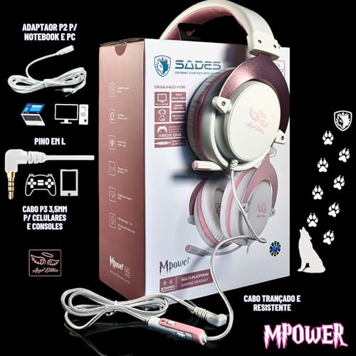SADES MPOWER Stereo Gaming Headset for PS4, PC, Mobile, Noise Cancelling Over Ear Headphones with Retractable and Flexible Mic & Soft Memory Earmuffs for Laptop Nintendo Switch Games-Angel Edition - color: White, Light Pink
