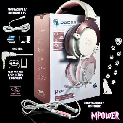 SADES MPOWER Stereo Gaming Headset for PS4, PC, Mobile, Noise Cancelling Over Ear Headphones with Retractable and Flexible Mic & Soft Memory Earmuffs for Laptop Nintendo Switch Games-Angel Edition - color: White, Light Pink