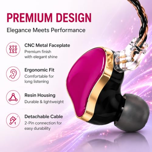 Hi-Fi Wired In-Ear Monitor Headphones, Detachable Cable IEM Earbuds with Ergonomic Noise Isolating Design, 3.5MM Earphones Clear Sound for Music, Gaming, Studio Monitoring & Audiophiles (Without Mic) - color: Rose
