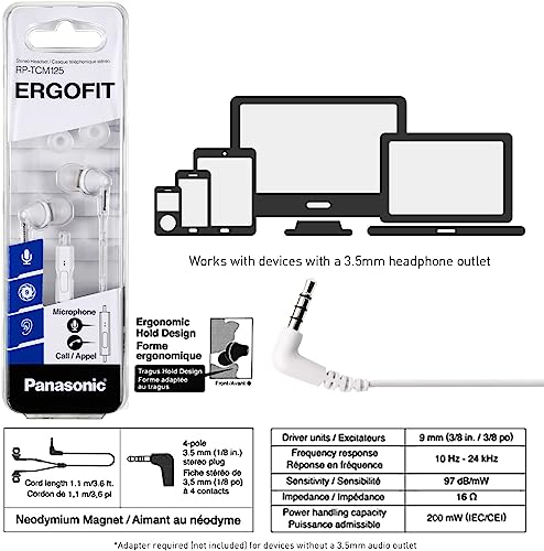 PANASONIC ErgoFit Earbud Headphones with Microphone and Call Controller Compatible with iPhone, Android and Blackberry - RP-TCM125-W - In-Ear (White) - color: White, size: S/M/L, style: With Mic