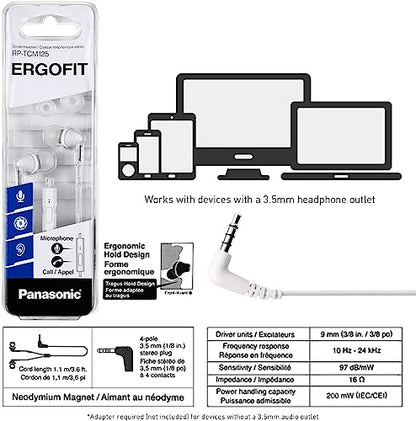 PANASONIC ErgoFit Earbud Headphones with Microphone and Call Controller Compatible with iPhone, Android and Blackberry - RP-TCM125-W - In-Ear (White) - color: White, size: S/M/L, style: With Mic