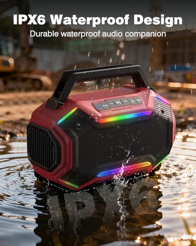 Qozybuds Bluetooth 6.0 Speaker, 80W(Peak) Loud Speaker with Bass, 30H Working Time, IPX6 Waterproof Large Jobsite Speakers with TWS, RGB Lights for Work, Outdoor, Workshop, Garage (Red)