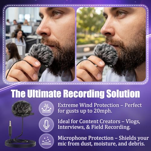 Tellegloww 4 Pack Lavalier Lapel Microphone with Furry Windscreen, 3.5mm Compatible with DJI Mic/rode Wired for Smartphone Interview, Video, Broadcasters, Portable Storage Pouch Included, Black