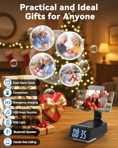 Birthday Gifts for Women Men, 7 in 1 Multi-Function Phone Stand with Bluetooth Speaker, Portable Charger Alarm Clock LED Light USB Playback Hands-Free Calling (Black) - size: F30