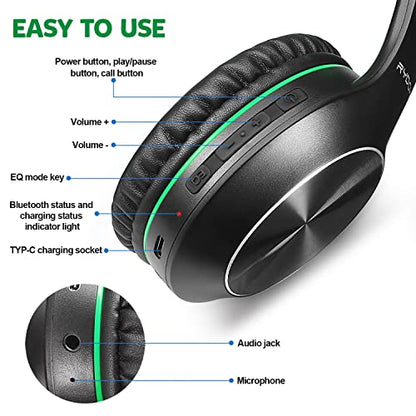 Rydohi Bluetooth Headphones Over Ear, 68H Playtime 3 EQ Music Modes Wireless Headphones with Microphone/Deep Bass, HiFi Stereo Foldable Headset for PC Home Travel Office (Black Green) - color: Black Green