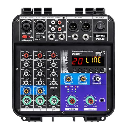 W IN-MIX 150W x2 Powered Mixer with 4 Channels, Bluetooth, USB/MP3 Playback & 48V Phantom Power for Karaoke, DJ, Home Studio & Live Sound