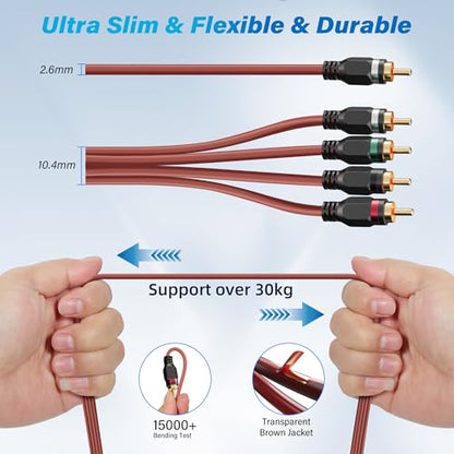 Adoreen 6-Channel RCA Audio Cable 12 Ft, Oxygen Free Copper Male to Male Twisted Pair RCA Interconnect Cable with Noise Reduction, Gold-Plated Premium Series for Car Stereo,Amplifier,Subwoofer,Speaker - size: 12ft