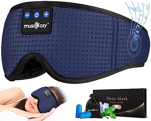 MUSICOZY Sleep Headphones Bluetooth 5.4 Sleep Mask with HD Sound | Breathable Flat Design with Cooling Lining, Washable Headband, 14 Hours Playtime for Travel Meditation Relaxation Gifts - color: Navy Blue