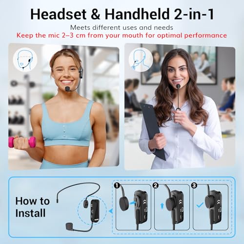 TONOR Wireless Headset Microphone, 2 in 1 UHF Over-Ear Mic System with 20 Channels, 65ft Range Handheld Microfono for Teaching, Fitness, Tour Guide, Compatible with PA, Voice Amplifier, Speaker, TW100