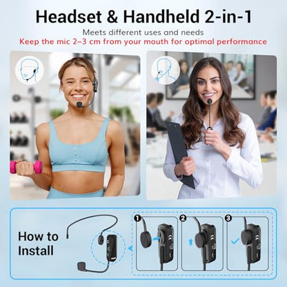 TONOR Wireless Headset Microphone, UHF Microphone Headset System, Head Handheld Mic 2 in 1, Ear Mic with 20 Channels, 65ft Range for Fitness, Teaching, Tour Guide, Voice Amplifier, Speaker, PA, TW100