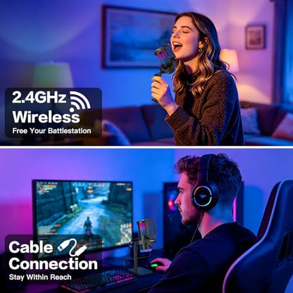 ZealSound Wireless Microphone for PC Mac iPhone iPad & Android, USB Mic with Noise Reduction, Tap Mute and Volume Control, RGB Light and Real-Time Monitoring, for Podcasting Streaming Gaming & TikTok - color: RGB