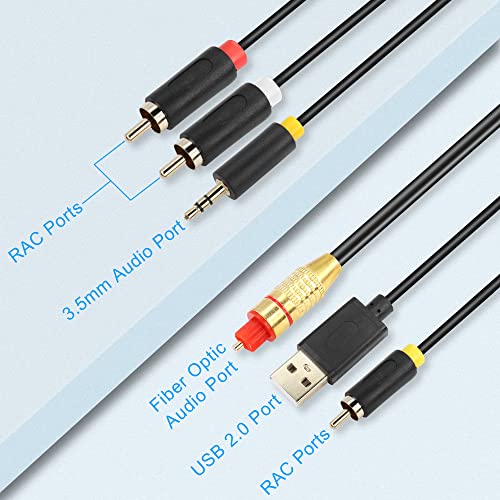 GINTOOYUN USB Digital Fiber Optical Analog Audio Cable AUX SPDIF Digital Coaxial to 3.5mm + 2 RCA Jack Audio Converter Cable for TV, PS4, Blu-Ray Player, Multimedia Speaker(118 Inch)