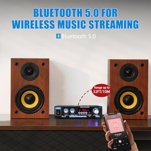 AK35 200W Stereo Audio Amplifier Bluetooth 5.0, 2.0 Channel Mini Amplifier Stereo Receivers with Bass & Treble Control,Home Amplifier w/AUX, USB, SD Card Input,Remote Control - color: black-AK35