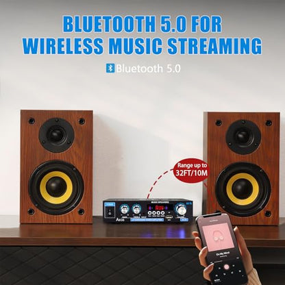 AK35 200W Stereo Audio Amplifier Bluetooth 5.0, 2.0 Channel Mini Amplifier Stereo Receivers with Bass & Treble Control,Home Amplifier w/AUX, USB, SD Card Input,Remote Control - color: black-AK35