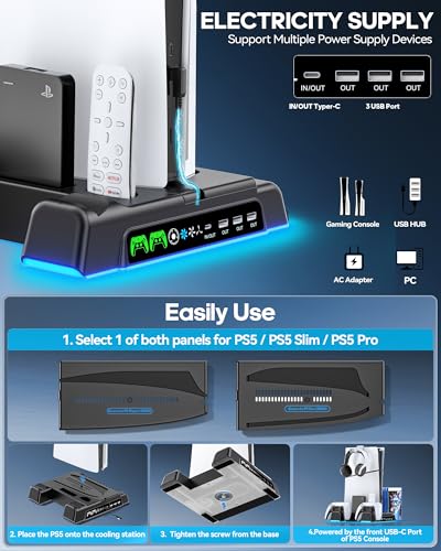 PS5/ Slim/Pro Stand for Disc & Digital Console, PS 5 Cooling Station with Dual Controller Charging Station for PlayStation 5 Console, 3-Level Fan PS5 Controller Charger Accessories Stand-Black - color: Black