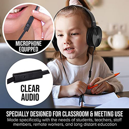 Sonitum Premium Classroom Headphone & Mic Set 3.5mm Jack Stereo Sound Earphones with Microphone & Soft Swivel On Ear Pads- Perfect for E-Learning, Meetings, Calls - Bulk Pack of 5 (Black) - color: 5 pack Black, size: 5 Pack