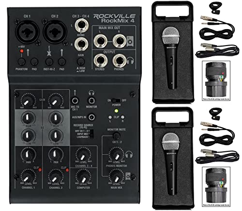 Rockville RockMix 4 Channel USB Recording Mixer Bundle with 2 RMC-XLR Mics | +48V Phantom Power, 48kHz/16-Bit, 2-Band EQ, XLR/TRS Combo Inputs, 3.5mm Aux, Bus Powered, 2 XLR Cables, Streaming, 3-Items
