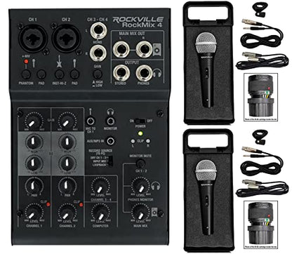 Rockville RockMix 4 Channel USB Recording Mixer Bundle with 2 RMC-XLR Mics | +48V Phantom Power, 48kHz/16-Bit, 2-Band EQ, XLR/TRS Combo Inputs, 3.5mm Aux, Bus Powered, 2 XLR Cables, Streaming, 3-Items
