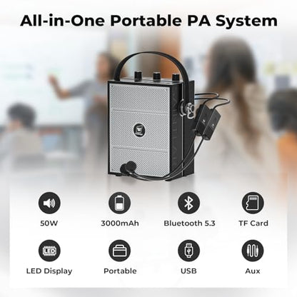 50W Voice Amplifier with 2 Mics,Microphone with Speaker | Portable Sound System with Microphone,Bluetooth Speaker Megaphone for Teachers, Classroom, Outdoor, Events -S98Plus
