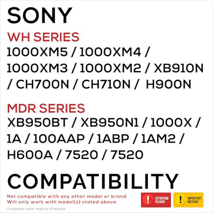BRAINWAVZ Coiled Replacement Audio Cable Compatible with Sony WH-1000XM5, 1000XM4, 1000XM3, 1000XM2, XB910N, CH700N, CH710N, MDR-XB950BT, XB950N1, 1000X 3.5mm Gold Plated, 1.5m/60” to 5mt/196