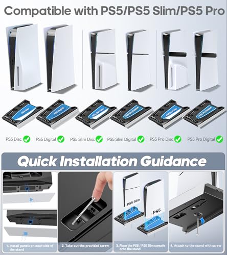 PS5/Slim/Pro Stand for Disc & Digital Console, PS5 Cooling & Charging Station with RGB Lights, PS5 Controller Charger Built-in 3 Level & AUTO Adjustable Fan, Accessories for PlayStation 4 Chargers - color: Black & White