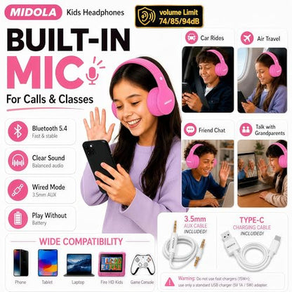 Kids Bluetooth Headphones Wireless 68 Hours,Safe Volume Limit 85/94dB | Adjustable Headband Foldable Over-Ear Lightweight Headsets for Toddler Girls Boys Tablet/iPad,HD Stereo,Built-in Mic,H-Pink - color: Rose Pink