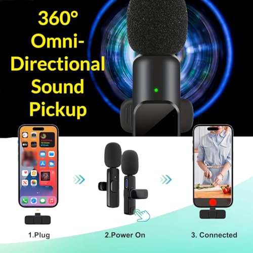 Wireless Lavalier Microphone USB-C Devices, Dual Clip-On Mics with Receiver+USB-C to iOS Adapter, Plug&Play Mic Set for Video Recording, Interviews, Streaming, YouTube, Vlogging, TikTok